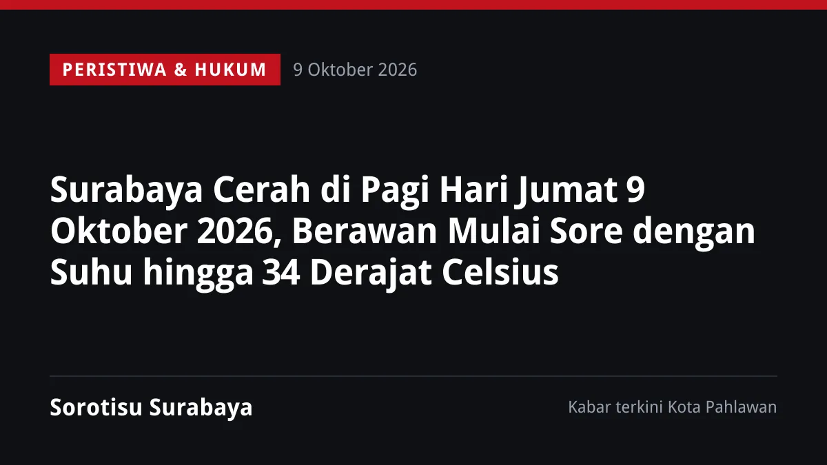 Surabaya Cerah di Pagi Hari Jumat 9 Oktober 2026, Berawan Mulai Sore dengan Suhu hingga 34 Derajat Celsius